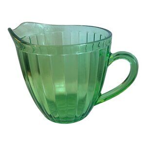 Vintage Uranium  Vaseline Glass Creamer Pitcher Ribbed Design  Handle  5"T X 5"W